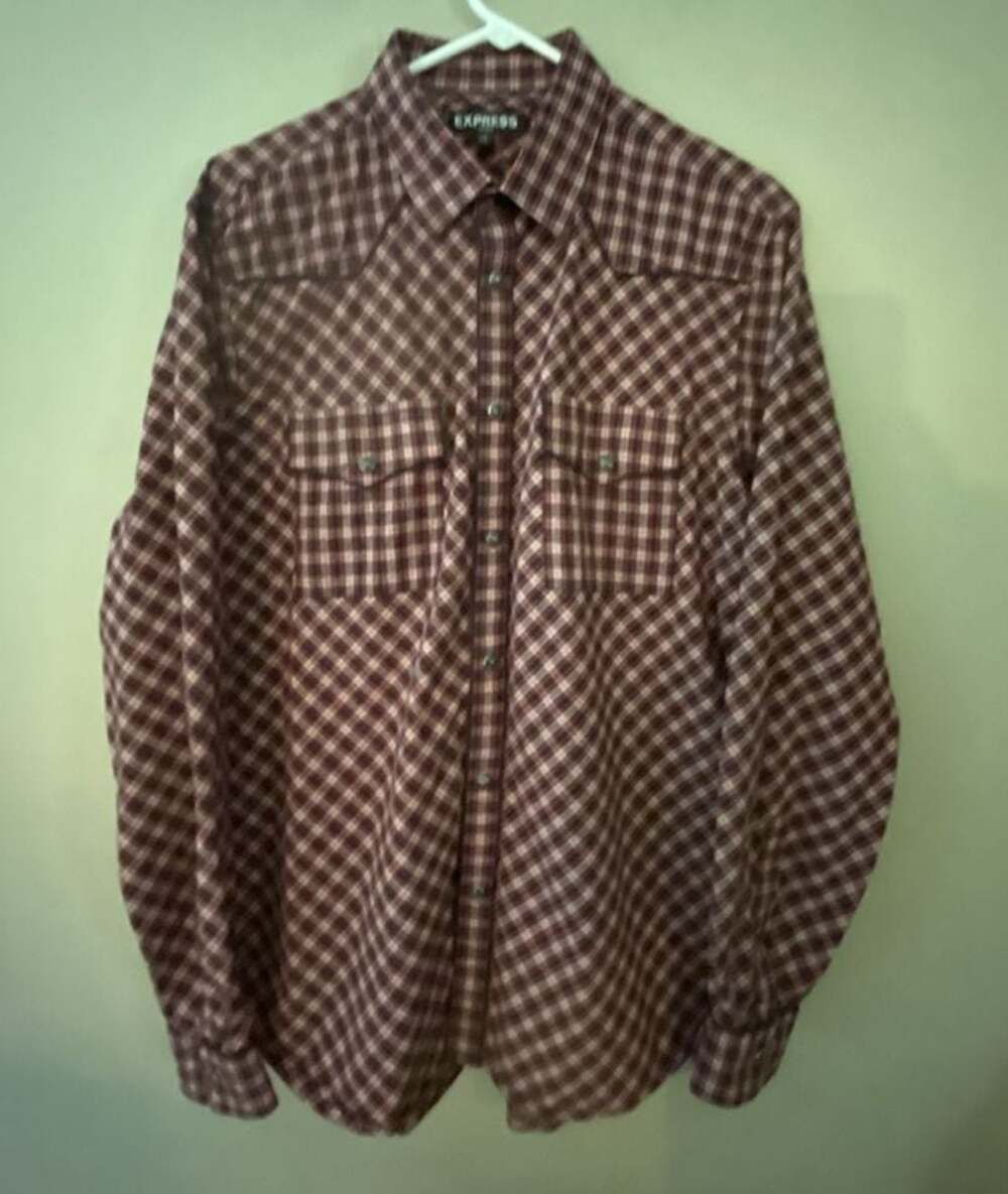 Express Men's Fitted Plaid Western Pearl Snap Long Sleeve Shirt